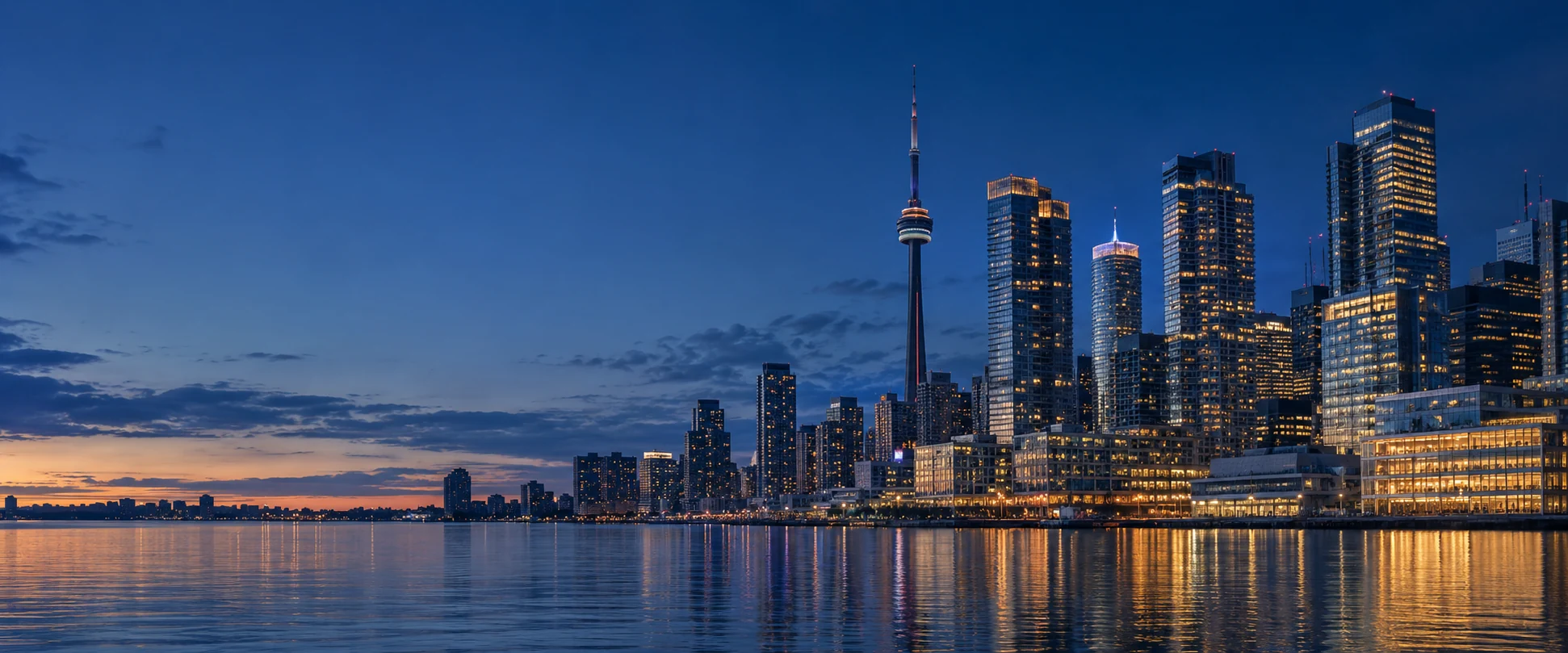Toronto’s waterfront and illuminated financial district at blue hour