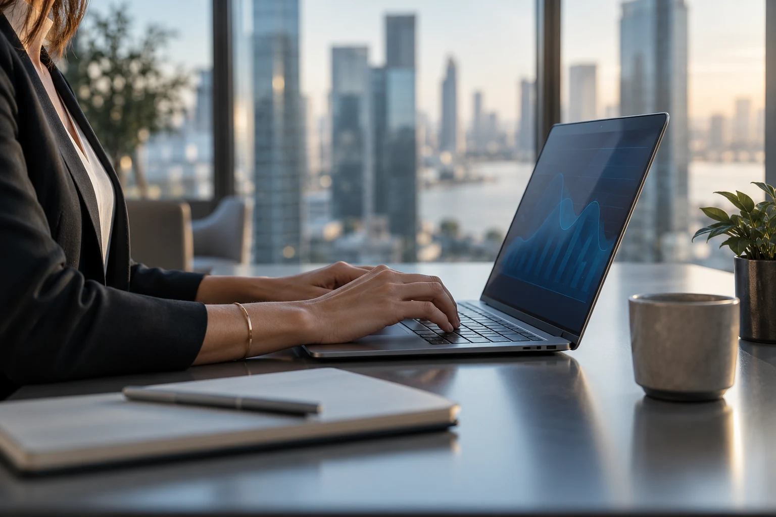 A professional working with digital information in a modern office